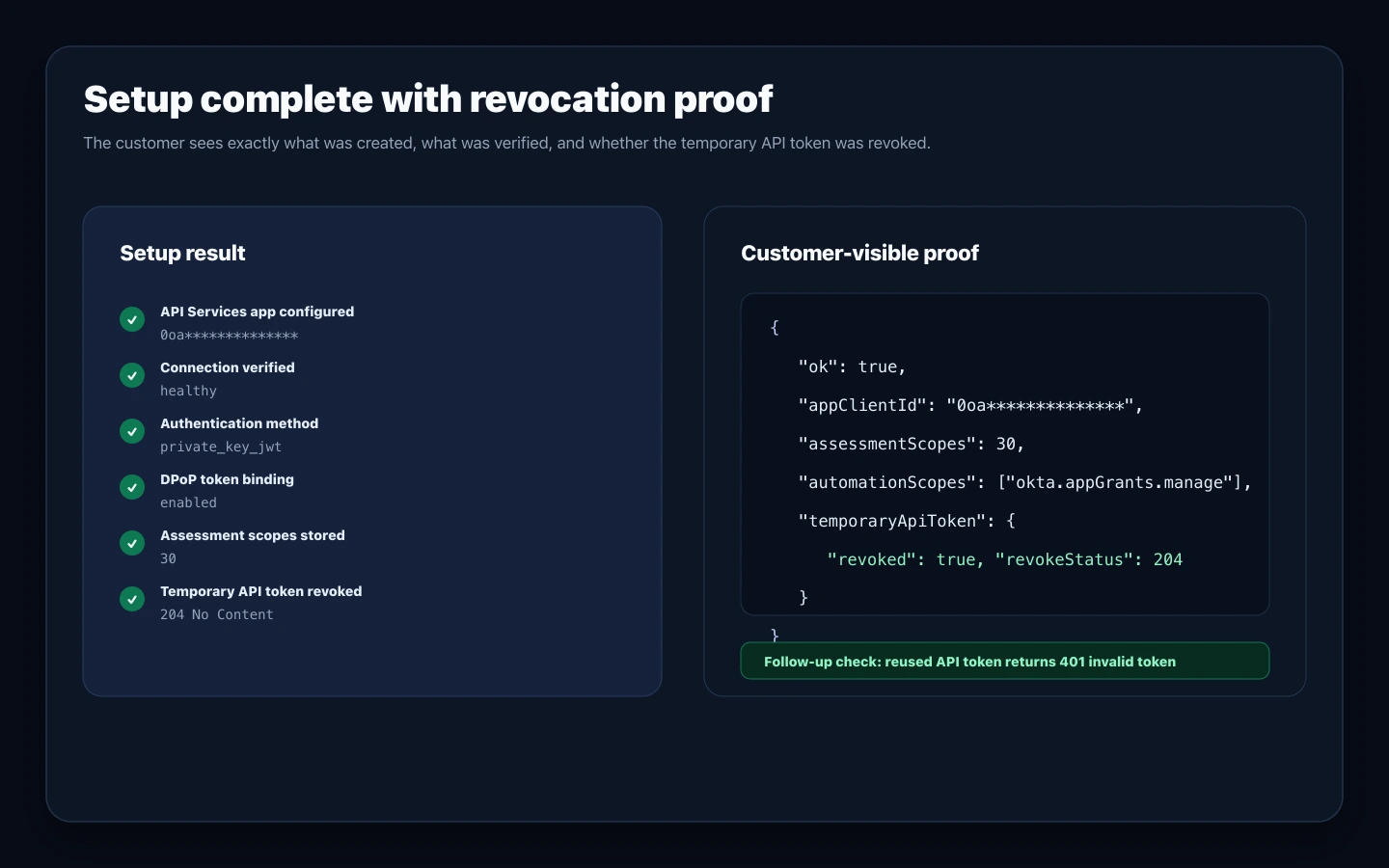 Sanitized Atomation setup result showing healthy connector status and temporary API token revoked status.