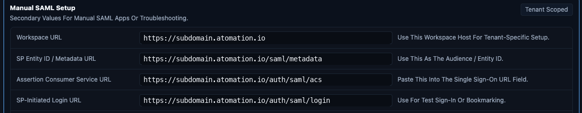 Atomation SAML Setup card showing workspace-specific SAML URLs.