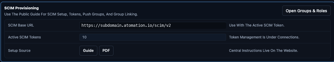 Atomation SCIM Provisioning panel showing sanitized subdomain SCIM Base URL.