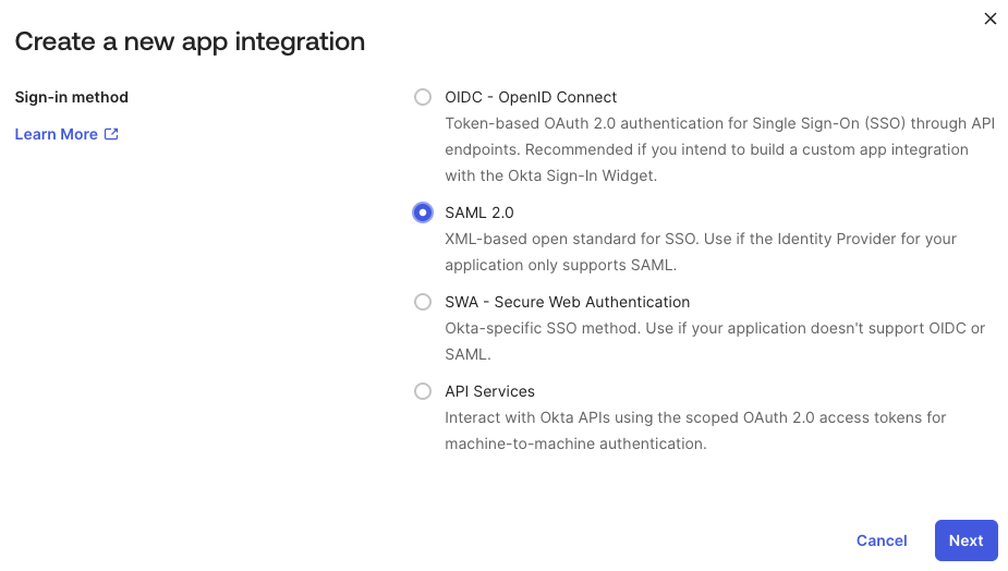 Okta Create a new app integration dialog with SAML 2.0 selected.