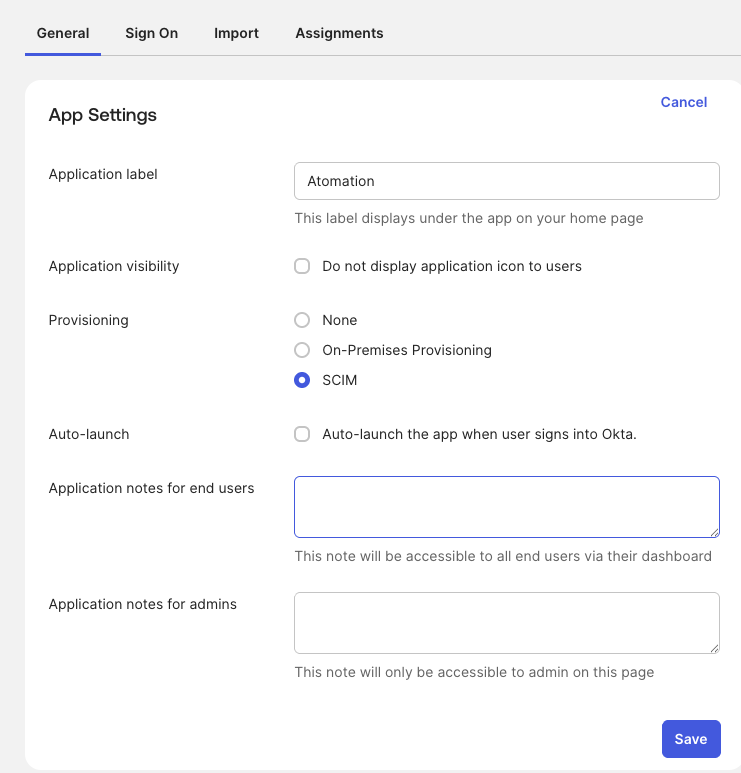 Okta General tab showing the SCIM provisioning option selected.
