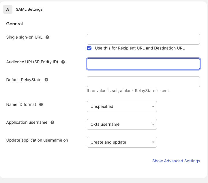 Okta SAML Settings form showing Single sign-on URL, Audience URI, Name ID format, and Application username fields.