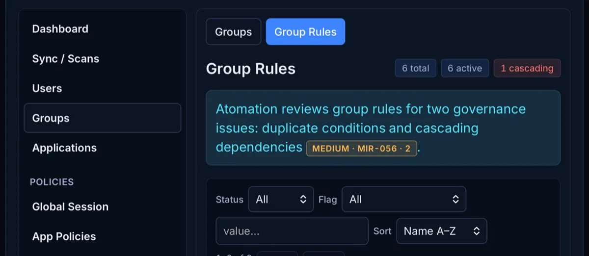 Atomation group rules screen showing cascading dependency evidence