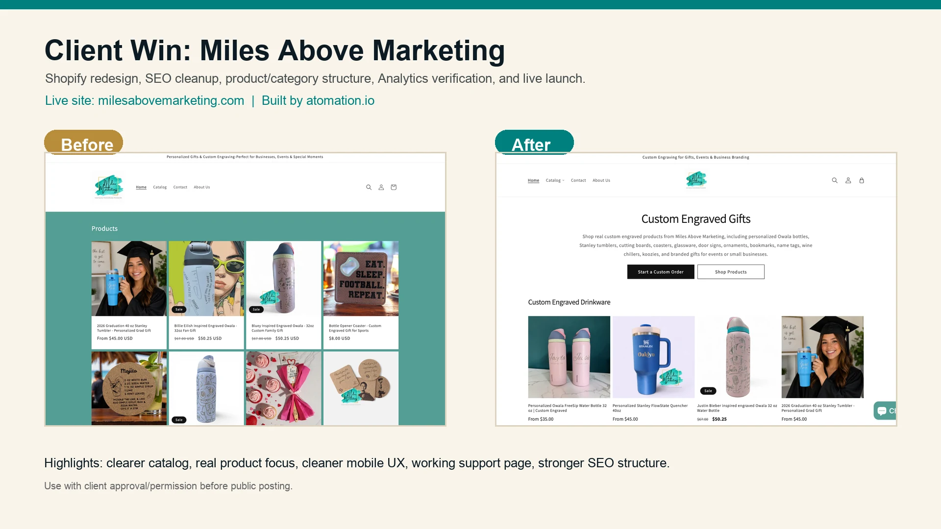 Before and after Shopify storefront screenshots for Miles Above Marketing