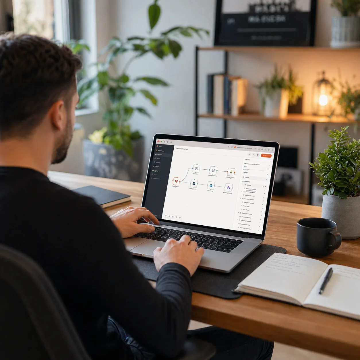 Consultant reviewing an automation workflow at a laptop
