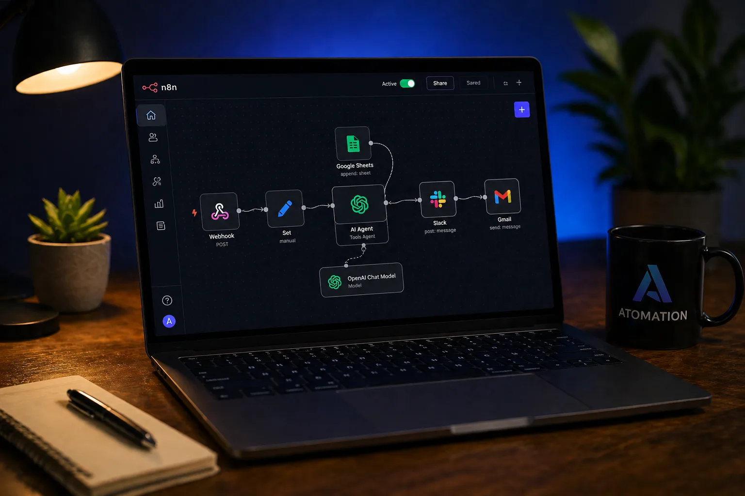 Dark workflow automation screen showing connected business apps