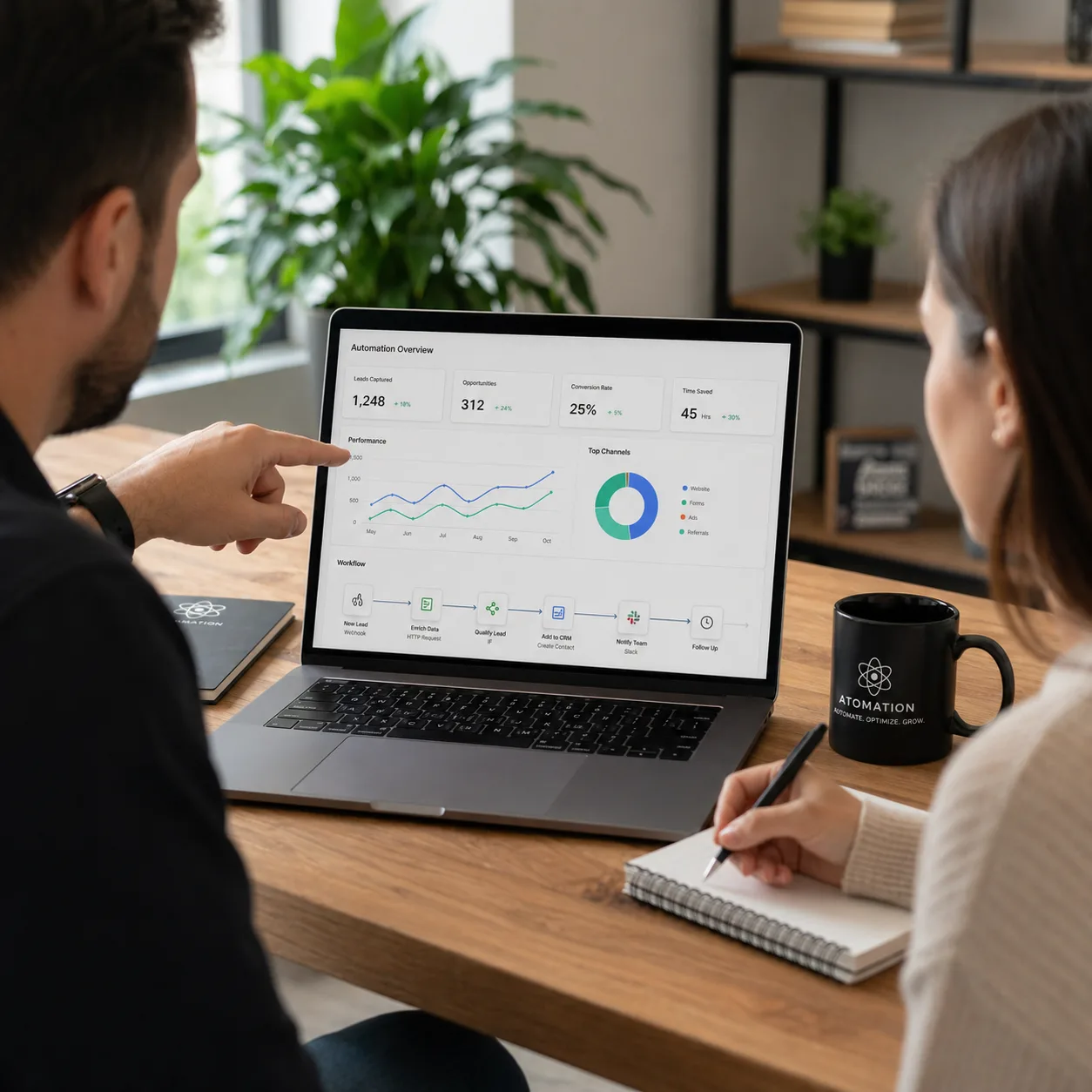 Two people reviewing dashboard results together